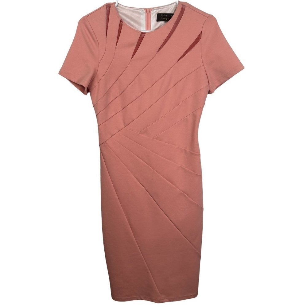 Vfshow Vfemage Pink Pleated Mesh Sheath Dress Short‎ Sleeve Pencil Size S